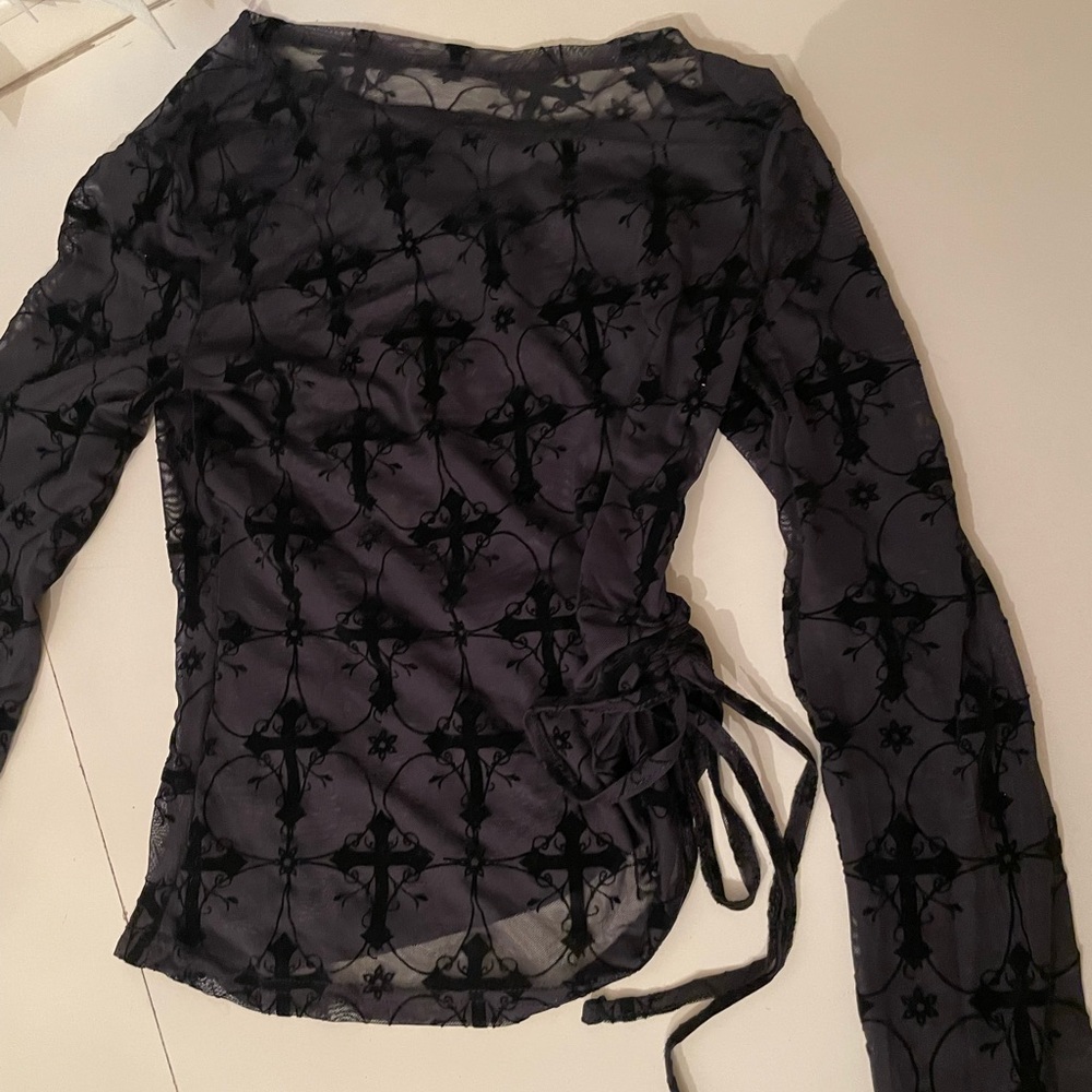 Sheer Black Ruched Top with Cross Design - Picture 2 of 4
